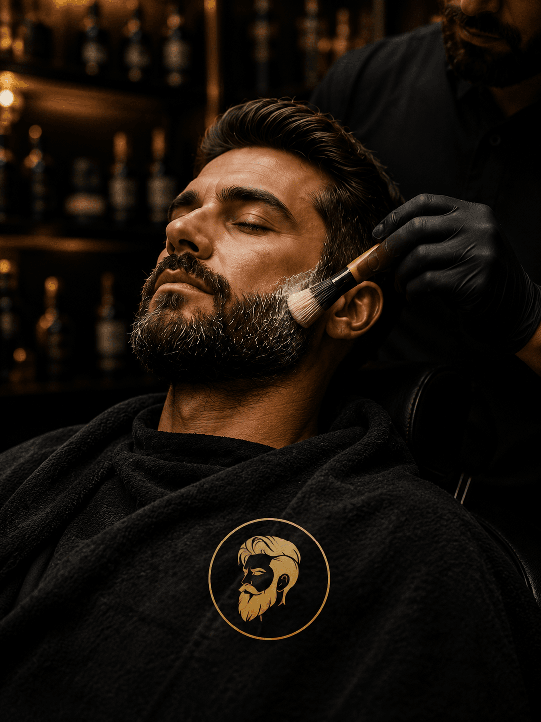 Barbeiro aplicando espuma para barboterapia e acabamento de barba