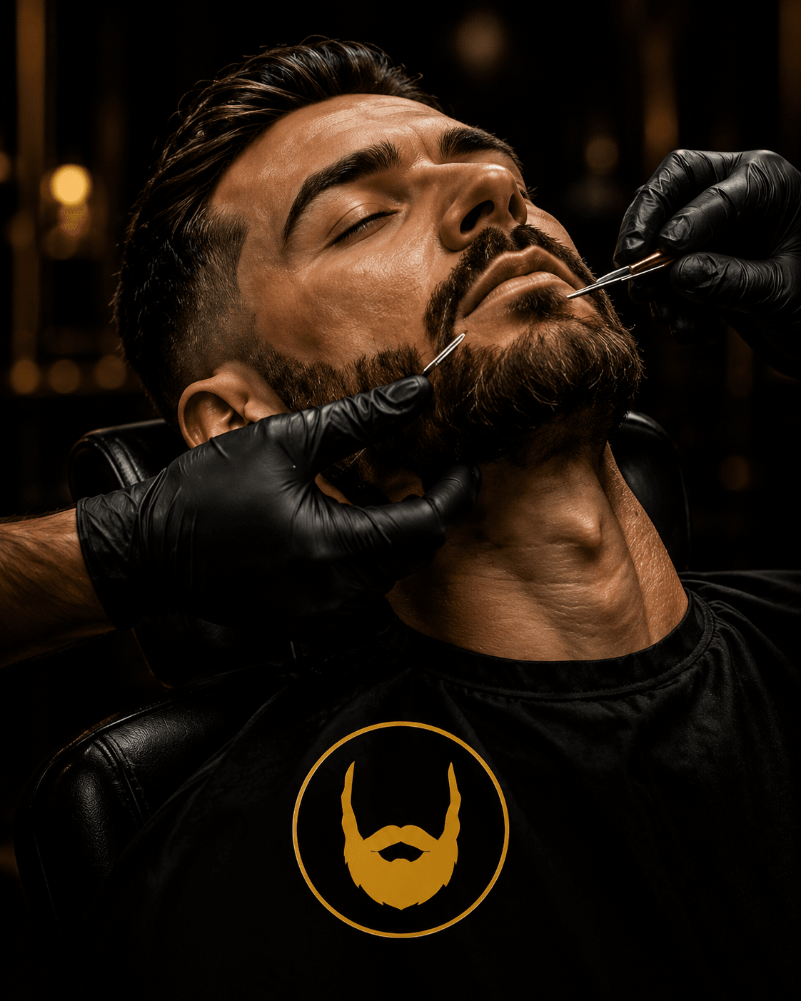 Barbeiro realizando acabamento detalhado de barba