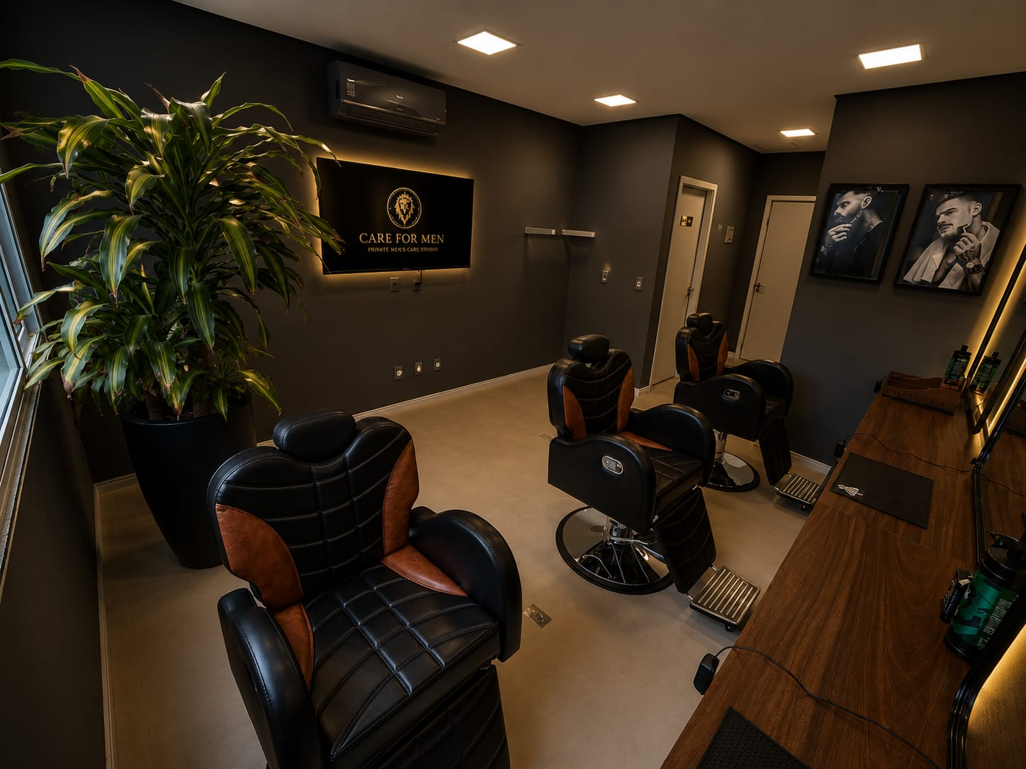 Ambiente premium com cadeiras e iluminação sofisticada